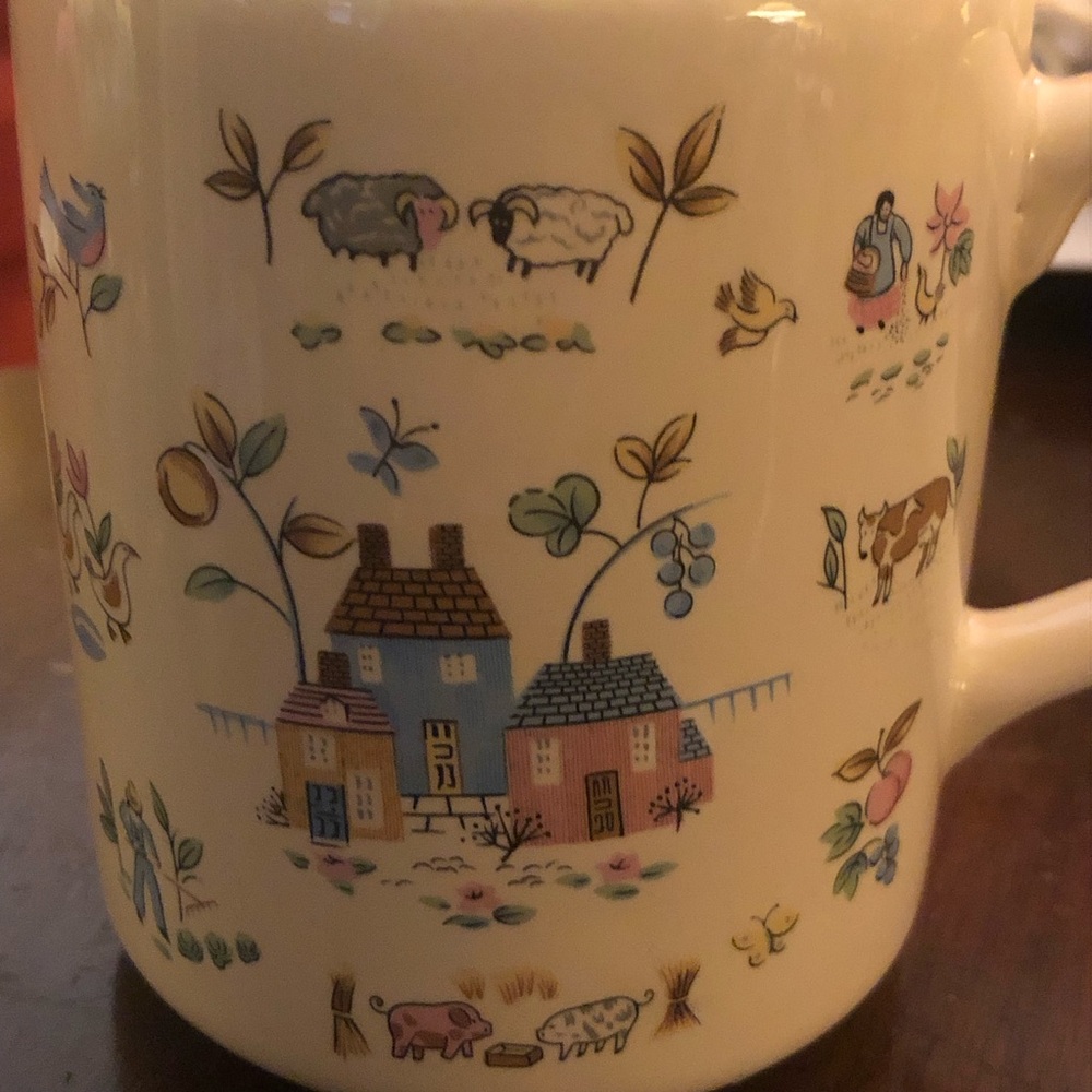 Stoneware by Pomerantz Coffee Mug Cream farm Scenes Pigs Sheep Cow Farmer Wife - Picture 9 of 12